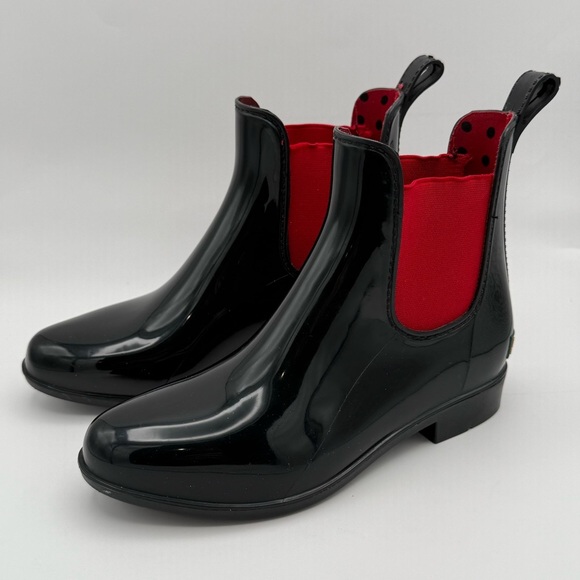 Lauren Ralph Lauren “Tally” Rain Boots Shiny Black & Red Short Women’s Size 6 - Picture 1 of 12